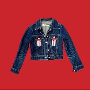 Y2k vintage paris blue crop jean jacket with bows